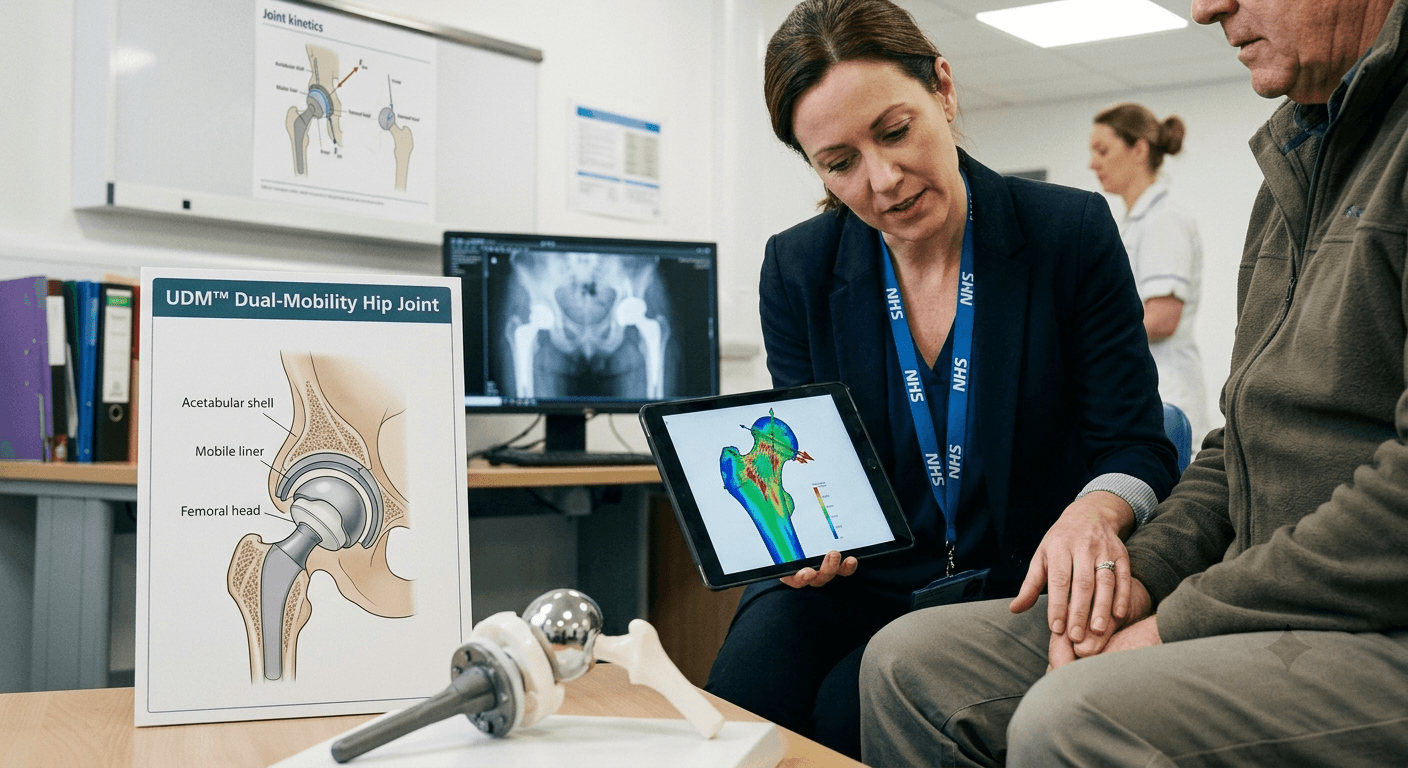 Clinician reviewing UDM™ dual-mobility hip joint imaging with a patient at a follow-up visit